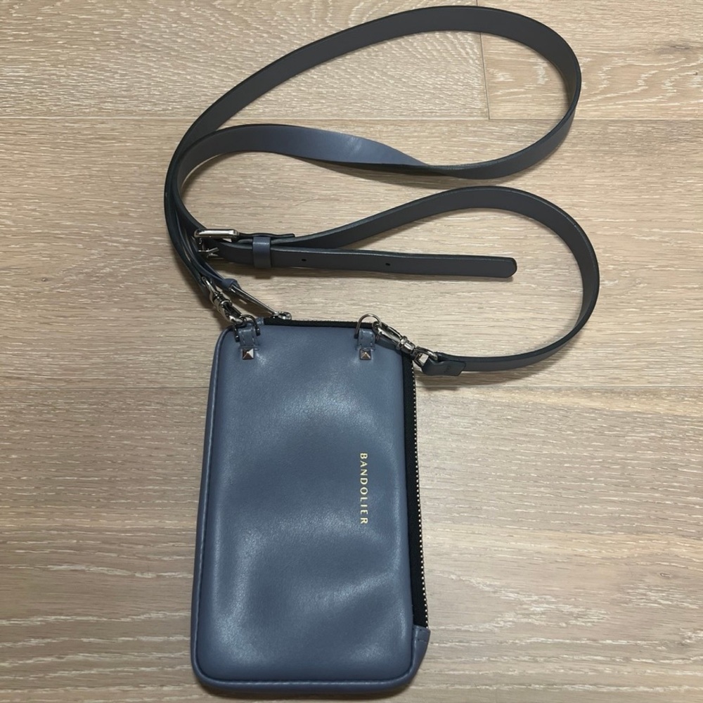 Bandolier blue smoke vegan leather Crossbody expanded pouch with strap